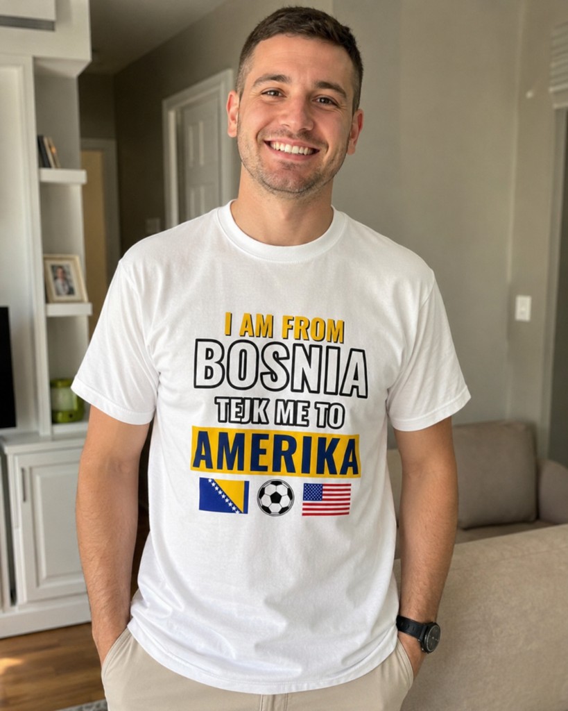 Muškarac u majici I AM FROM BOSNIA TEJK ME TO AMERIKA