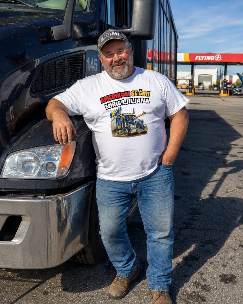 Vozač kamiona u majici Amerikom se širi miris ljiljana na truck stopu