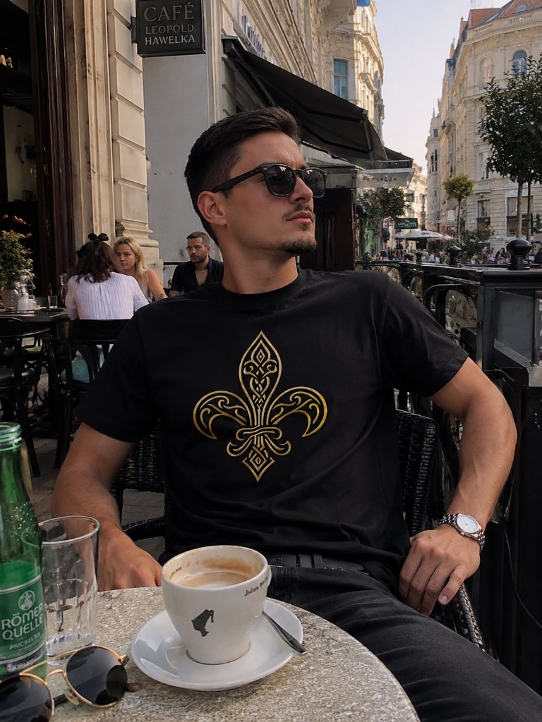 Emir u majici sa zlatnim ljiljanom u kafiću